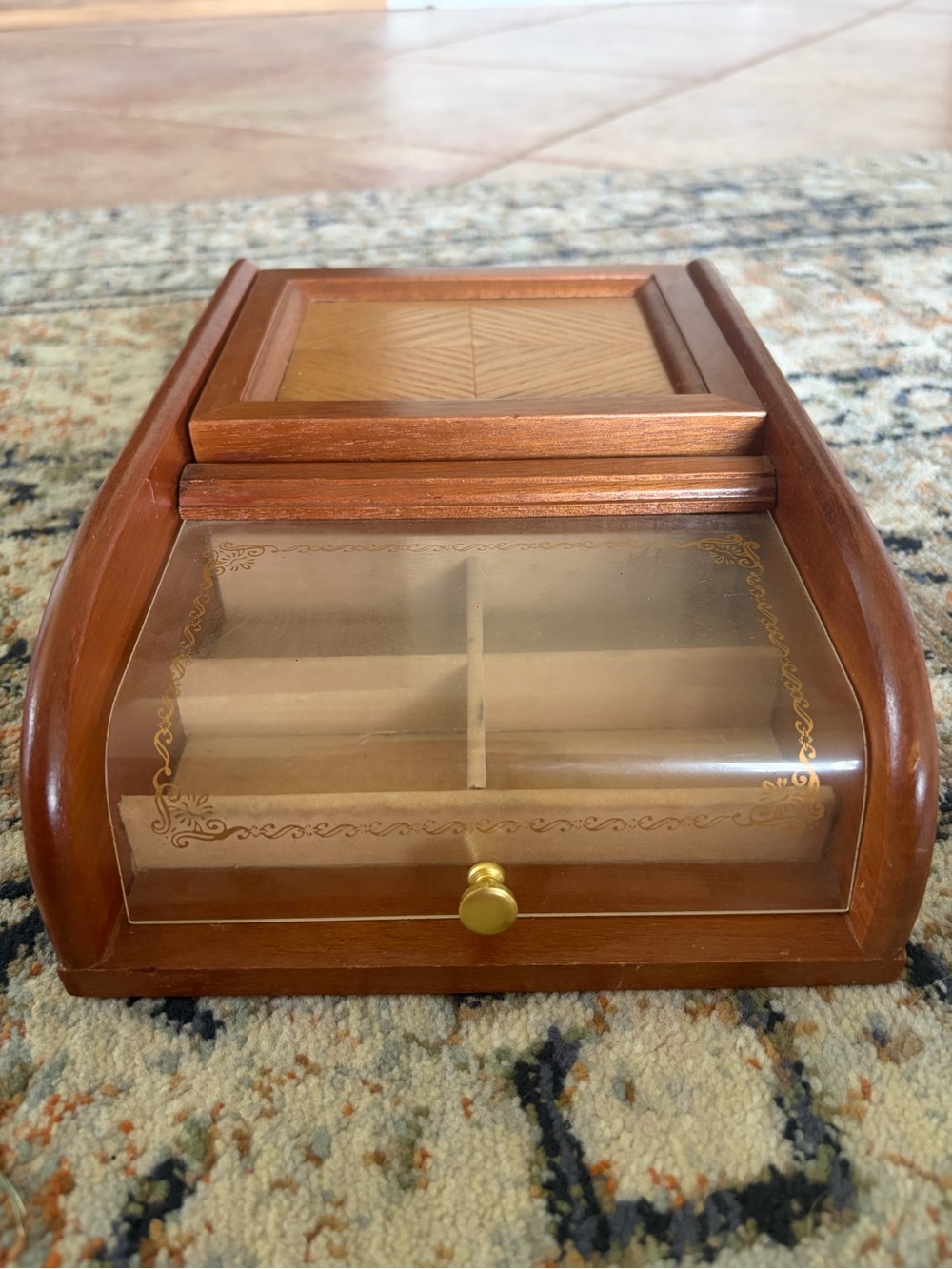 Vintage London Leather Wooden Jewelry Box Dresser Valet Parquet Inlay - Picture 2 of 11